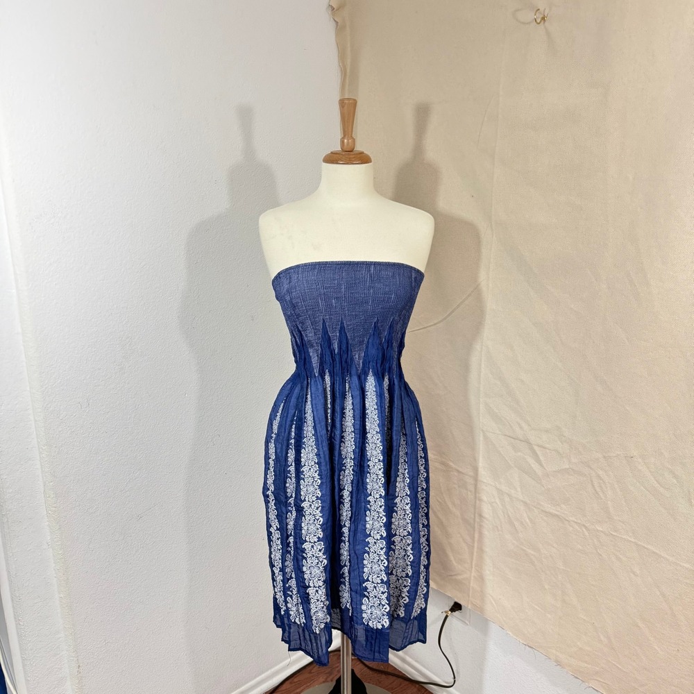 Lapis Blue Embroidered Strapless Smocked Midi Dress One Size Boho Summer Cotton